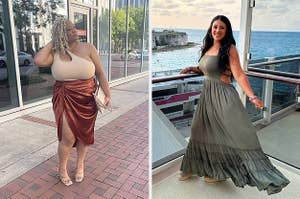 on left: reviewer in white asymmetrical tank top and shiny metallic orange asymmetrical skirt. on right: reviewer in flowy open back green maxi dress