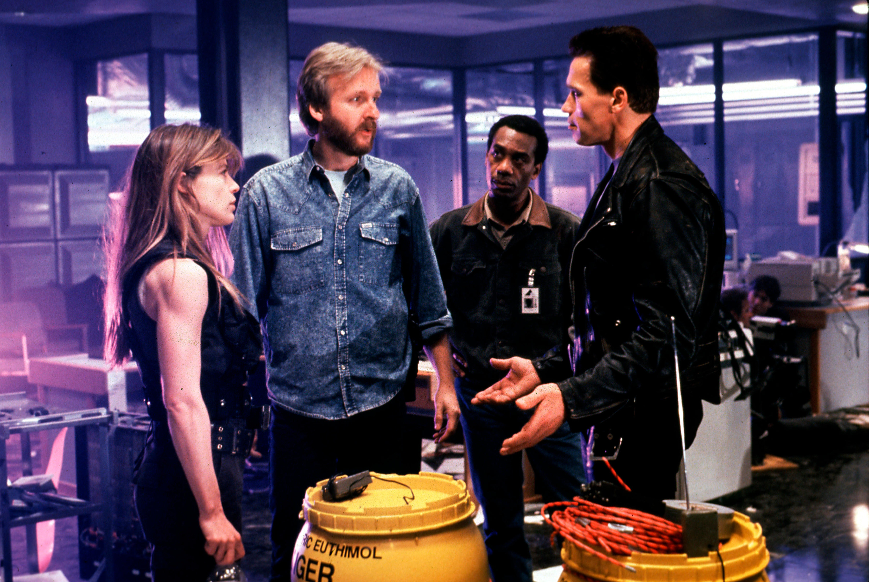 Linda Hamilton, Director James Cameron, Joe Morton, and Arnold Schwarzenegger on the set of “Terminator 2: Judgment Day”