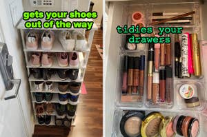 Reviewer's vertical shoe organizer with words "gets your shoes out of the way" and reviewer's draw organizers holding their makeup with words "tidies your drawers"