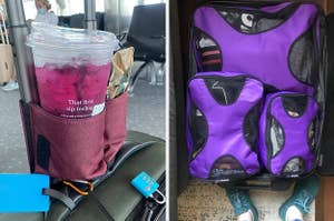 on the left a luggage-top drink carrier, on the right purple packing cubes
