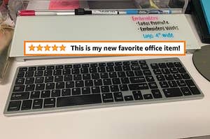 Reviewer pic of the long rectangle-shaped whiteboard with groove across the top with markers in it in with a keyboard in front of it and text that reads "this is my new favorite office item"