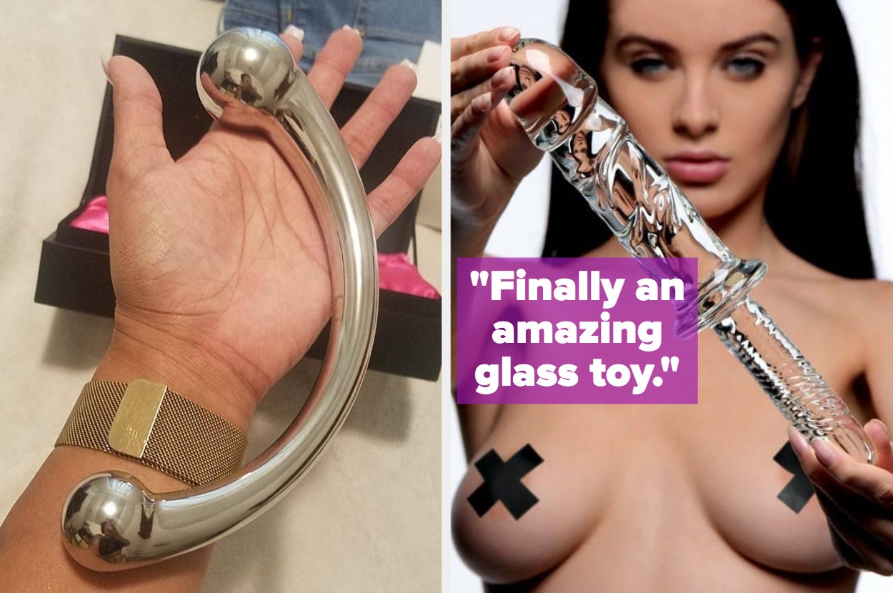Reviewer holding stainless steel dildo and model posing with glass dual-ended dildo