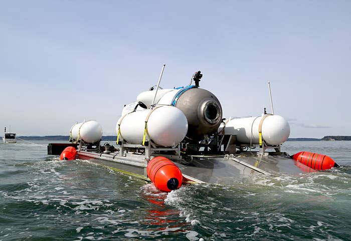 The Titan submersible  on its platform on the sea surface