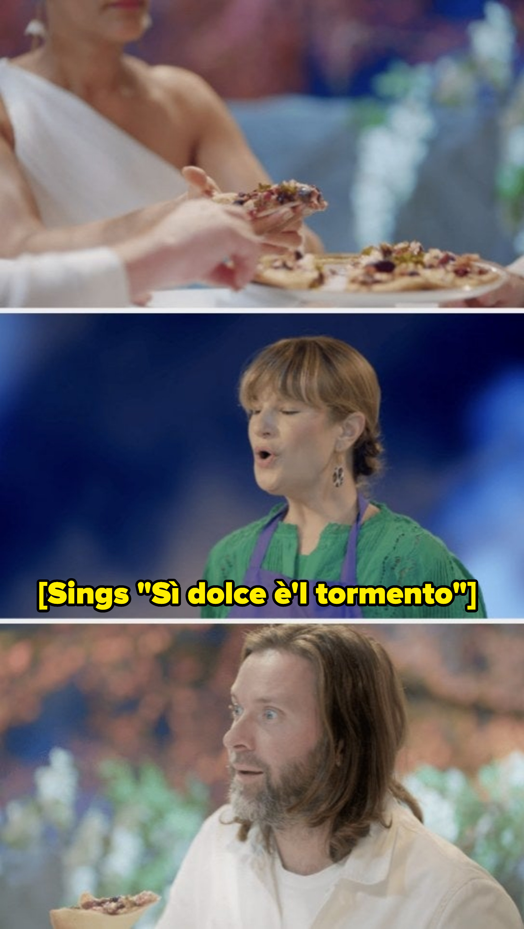 A woman sings operatically as judges eat a pizza
