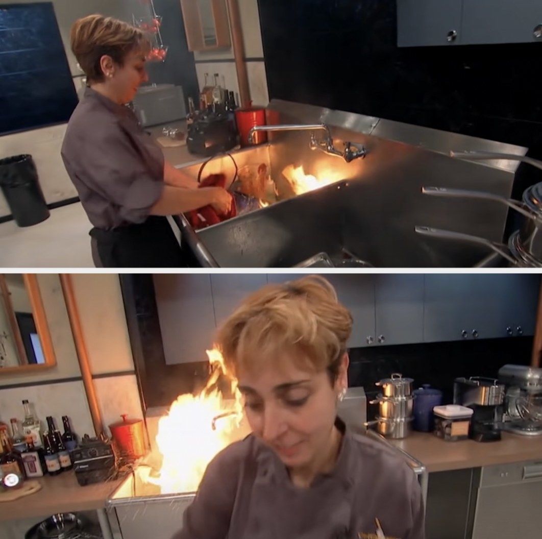 A fire burns in a kitchen sink during a food competition