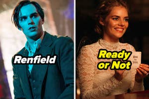 Nicholas Hoult and Samara Weaving, text: Renfield Ready or Not