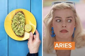 A plate of avocado toast next to a separate image of Margot Robbie as "Barbie," eyes wide, mouth pursed, looking to the side as if nervous or scared.