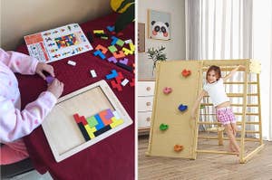 on left: child playing with colorful wooden puzzle. on right: child climbing up stairs on beige indoor jungle gym with mini rock climbing wall