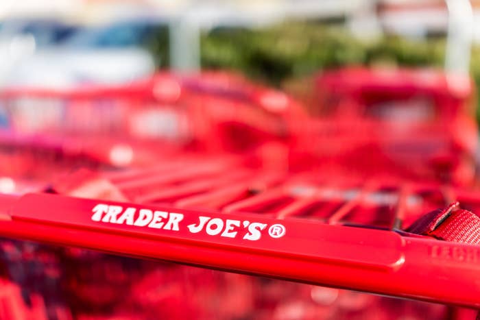 A bunch of Trader Joe&#x27;s carts slightly out of focus
