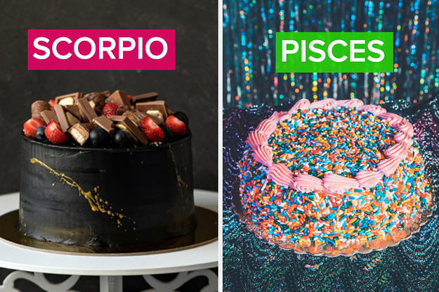 A frosted cake with strawberries and reese's on top, next to a separate image of a cake with sprinkles and frosting.