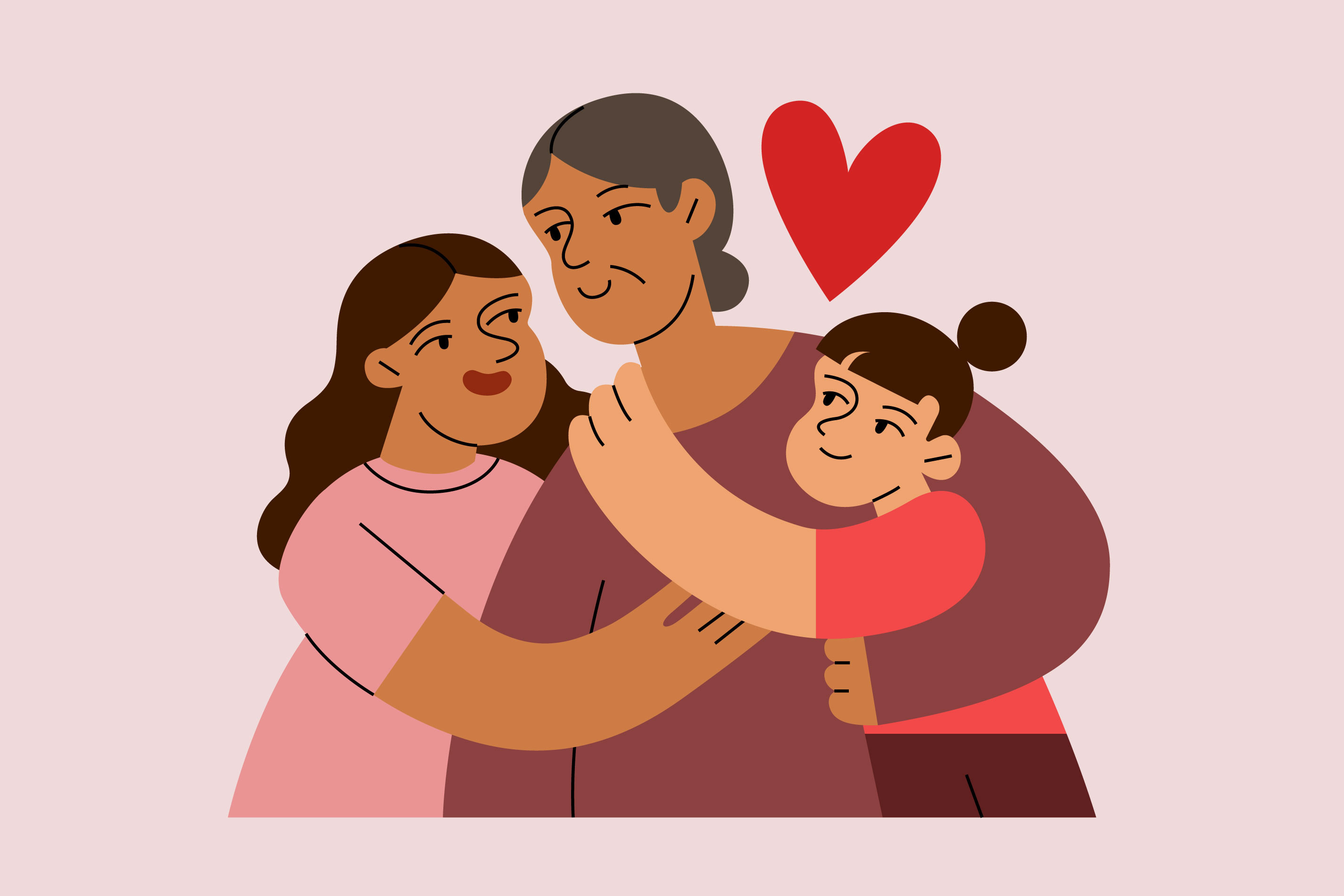 Cartoon of three generations of women hugging with a heart above them