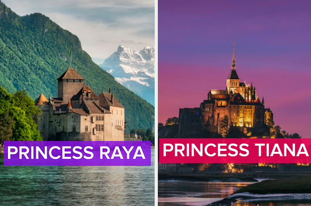 A castle on a mountainside next to a separate image of a castle at night, shining over the water