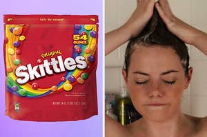 On the left, some Skittles, and on the right, Emma Stone making her hair into a mohawk in the shower as Olive in Easy A