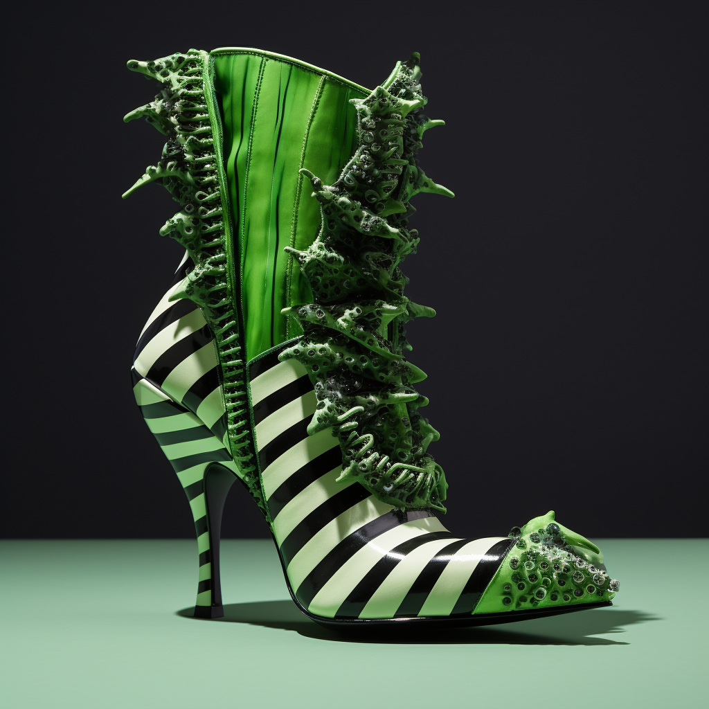 A green heel with black and white stripes