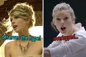 On the left, Taylor Swift in the Love Story music video labeled deserves the hype, and on the right, Taylor Swift in the Shake It Off music video labeled overhyped