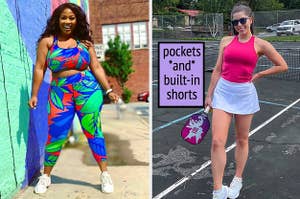 model wearing colorful patterned leggings / reviewer in white pleated tennis skirt