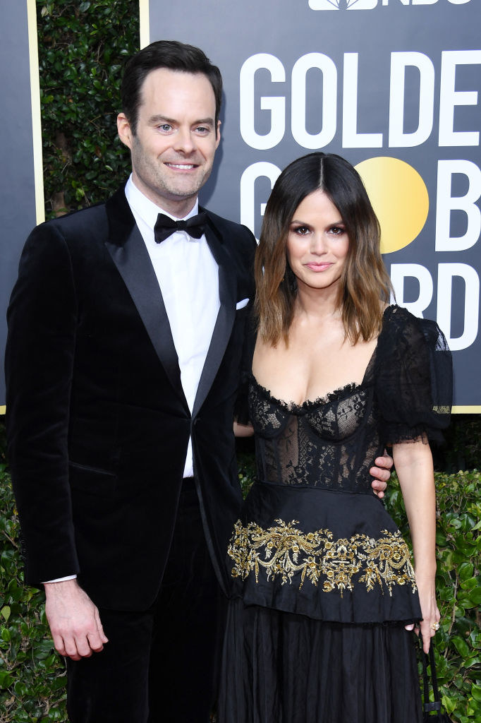 Bill at the Golden Globes in a tuxe with his arm around Rachel, who&#x27;s in a lacy, tiered dress