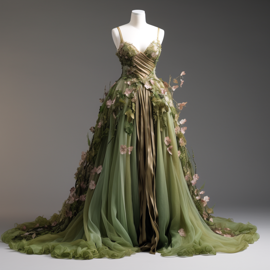 A long gown with vines and flowers running from the waist down to the floor