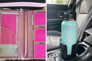 The inside of a pink sparkly document holder and a cup holder extension holding a wide water bottle