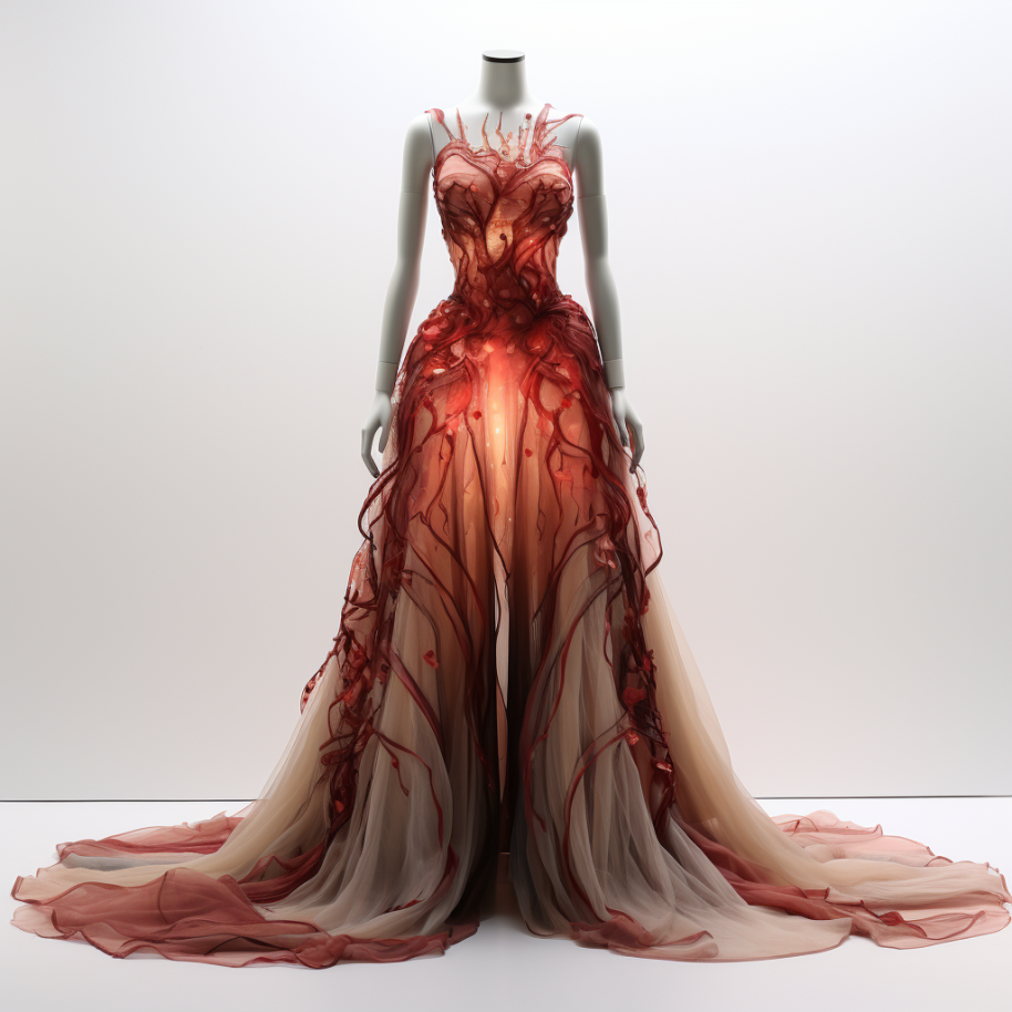 This dress is covered in membranous strips that run from the top to the floor, and it has a glowing light under the waist