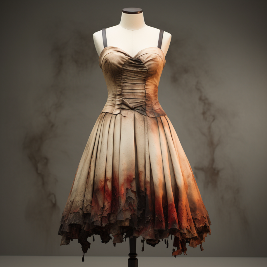 This dress is made to look as if the very bottom has been burned, with the ends black and frayed