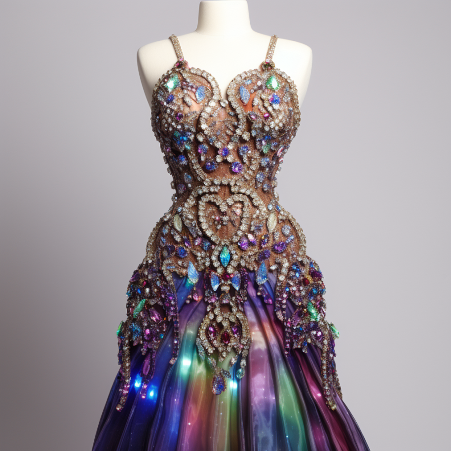 The top of this dress is affixed with countless jewels and gems