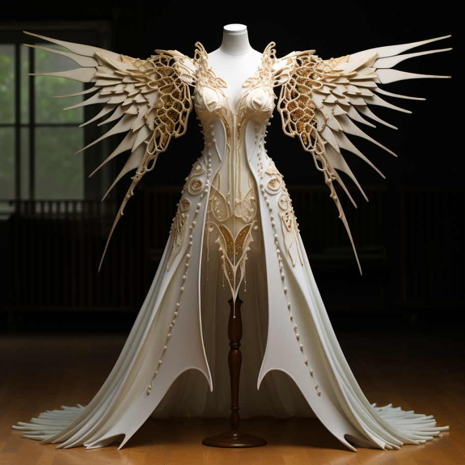 The design of the dress somewhat resembles a religious cloak, with massive wings coming out of the shoulders