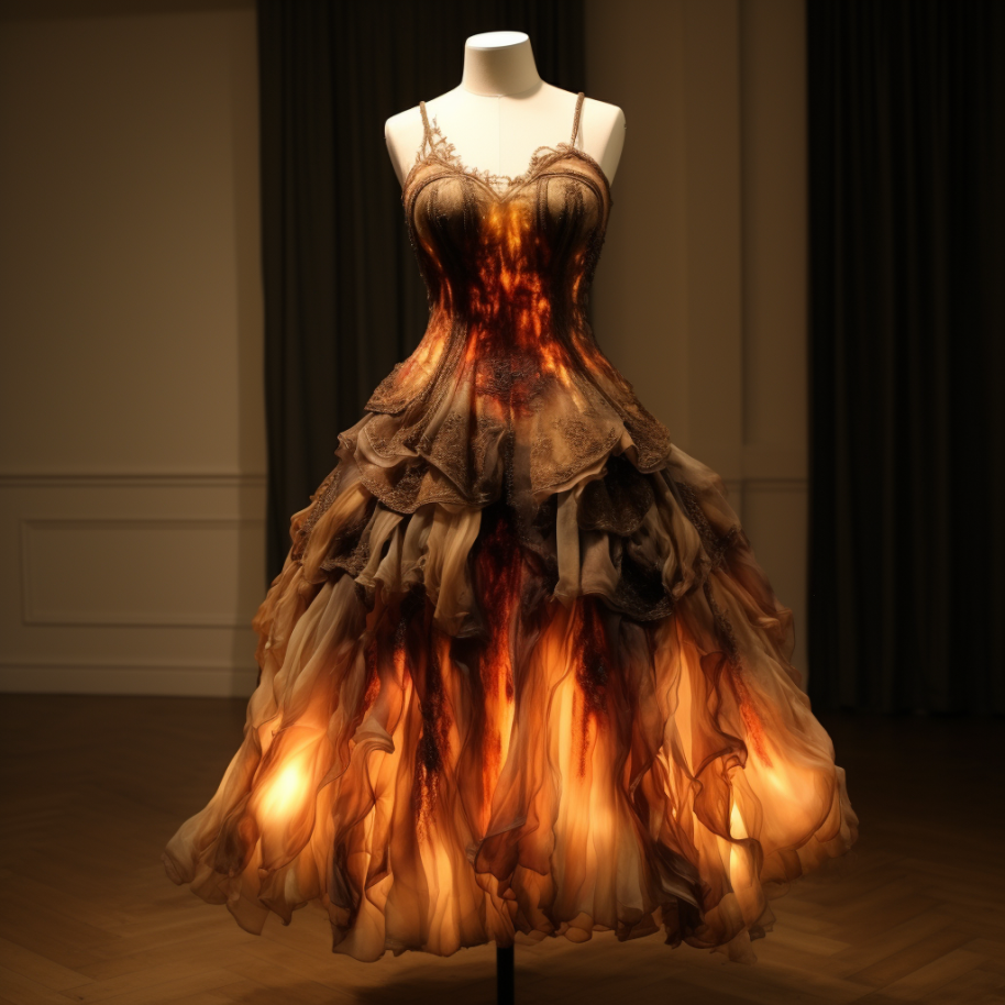 The bottom of this dress is lit up to look like it&#x27;s on fire, with the flames rising up the dress