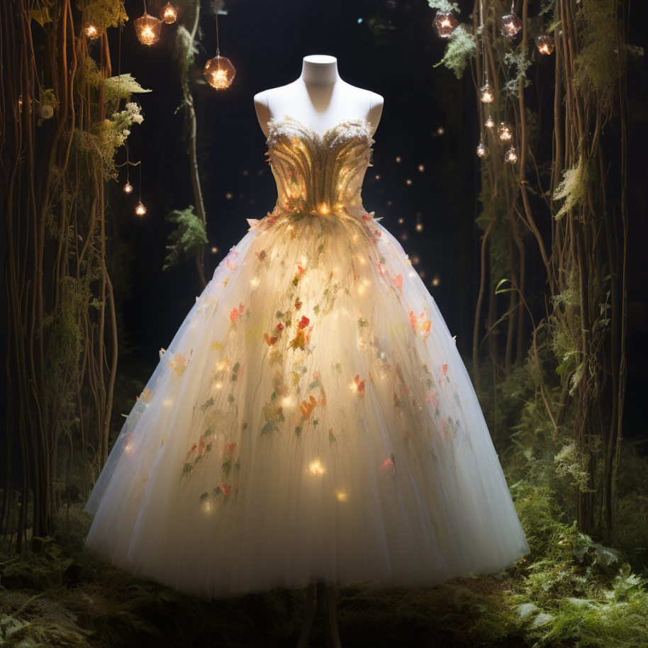 This dress is covered in leaves and small lights that resemble fireflies