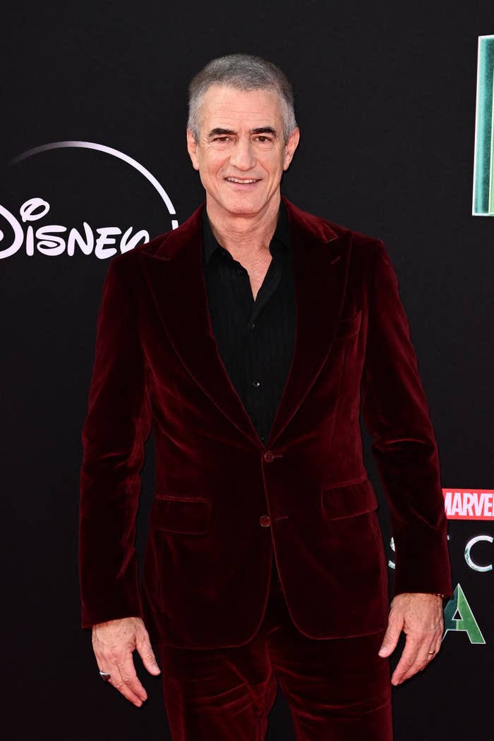 A closeup of Dermot on the red carpet in a velvet suit