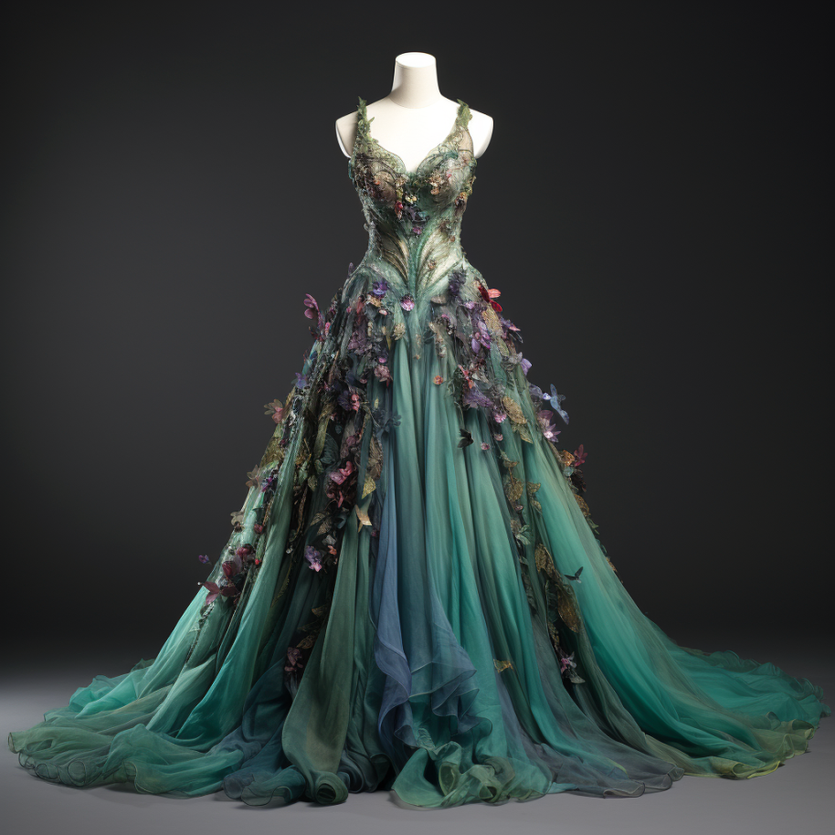 Similar to Ivy, this dress has vines covered with flowers running from the waist to the floor