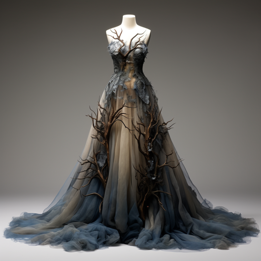 A spooky-looking dress with tree branches on both the top and bottom, and the colors and texture on the bottom make the branches look like they&#x27;re rising out of smoke