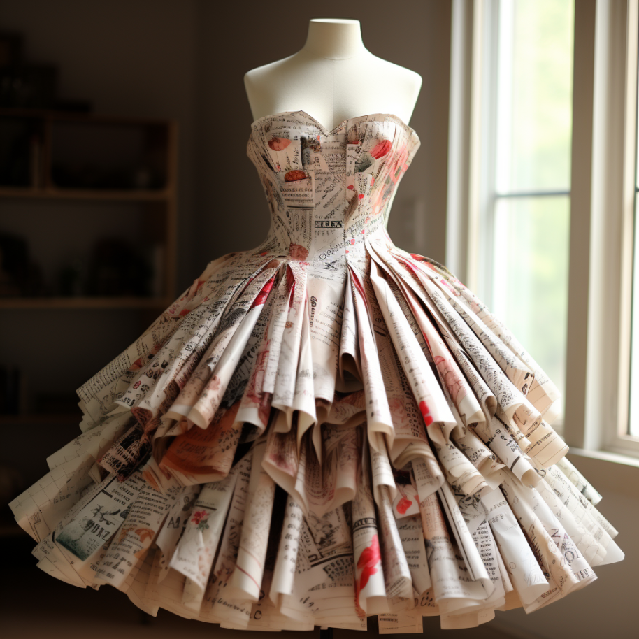 A dress that seems to be made up of newspaper clippings