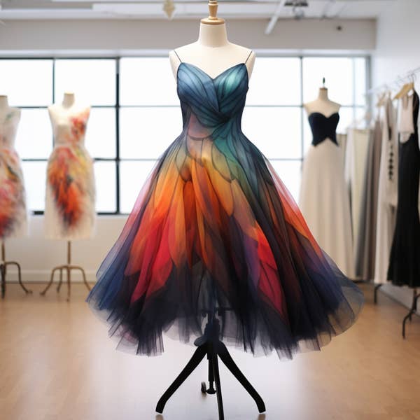 A short dress that looks like it has scales in many different colors