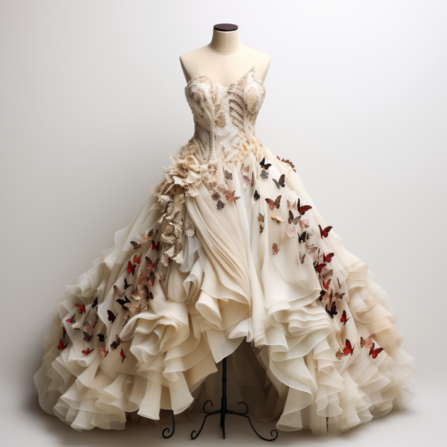 A ruffled dress covered with butterflies