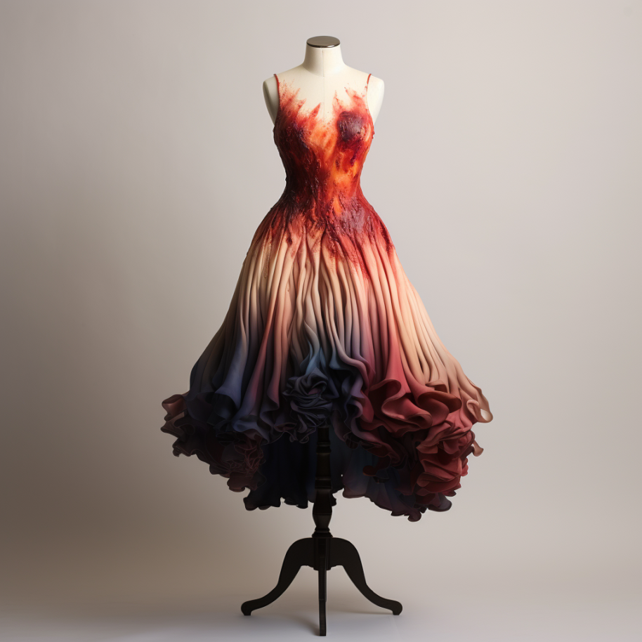 The top of this dress is designed to resemble fire with the flame rising up toward the wearer&#x27;s neck