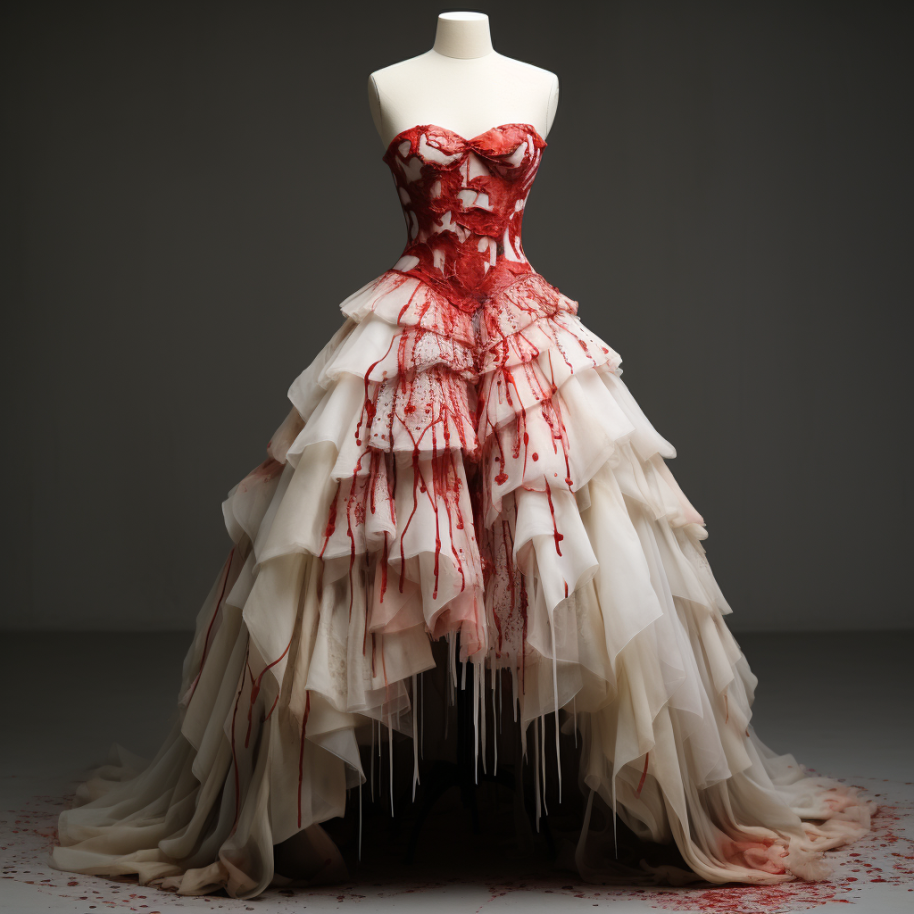 This dress is made to resemble blood dripping from the top and pooling at the bottom