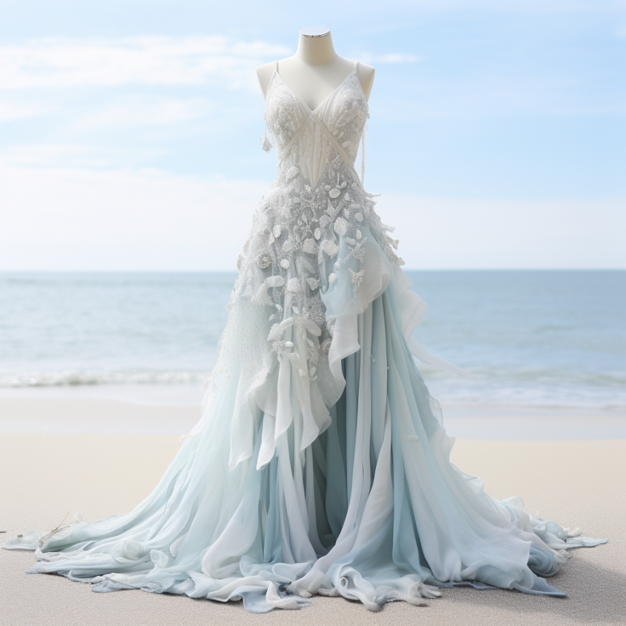 This dress is the color of snow but is covered with designs that resemble seashells