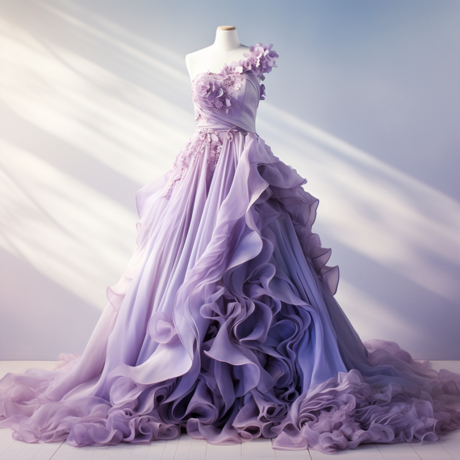 A strapless gown with the top featuring lavender flowers and the bottom featuring large ruffles