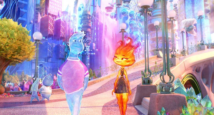 A screenshot of two characters taking a walk