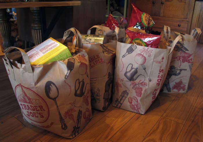 Trader Joe&#x27;s paper grocery bags filled with food