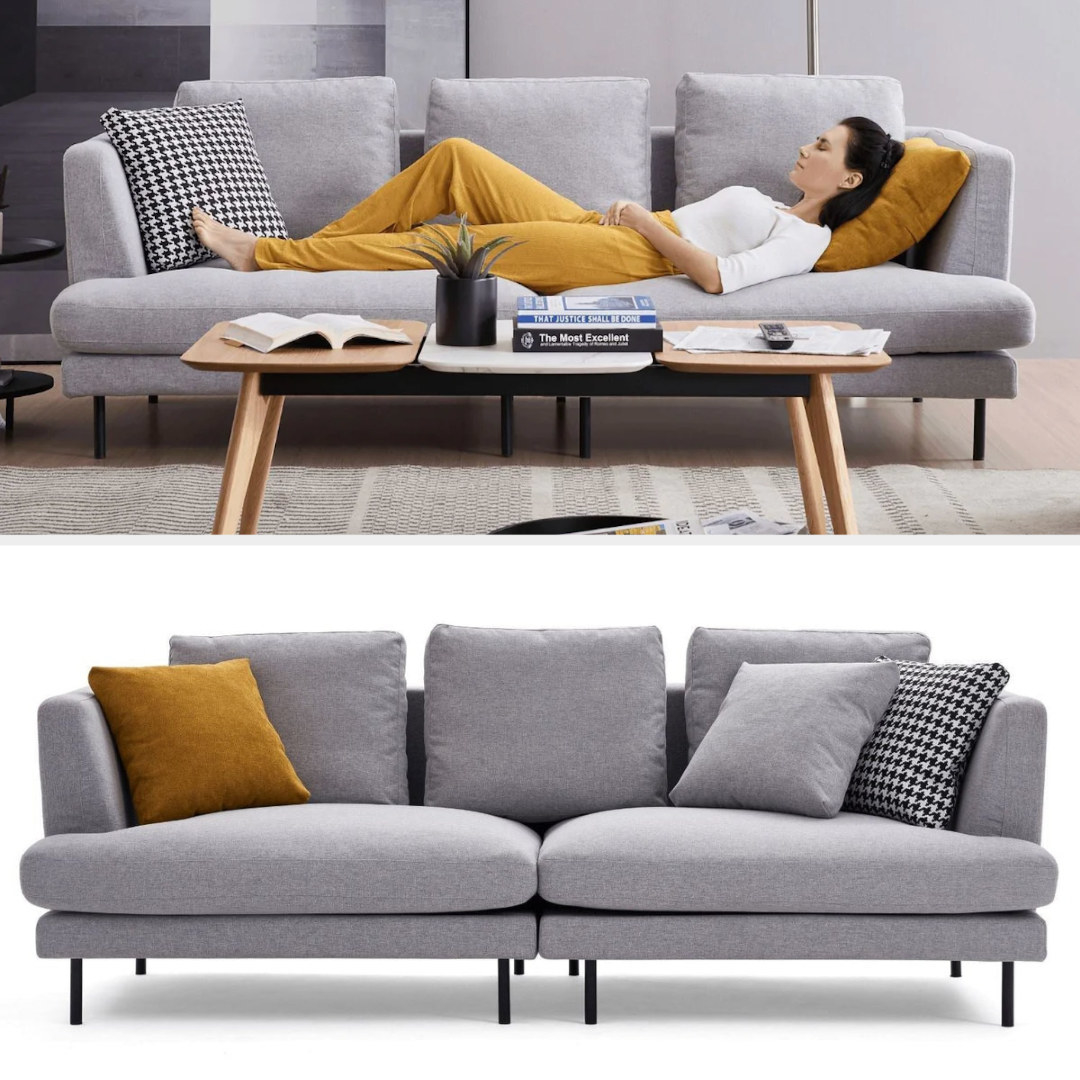The gray sofa is shown