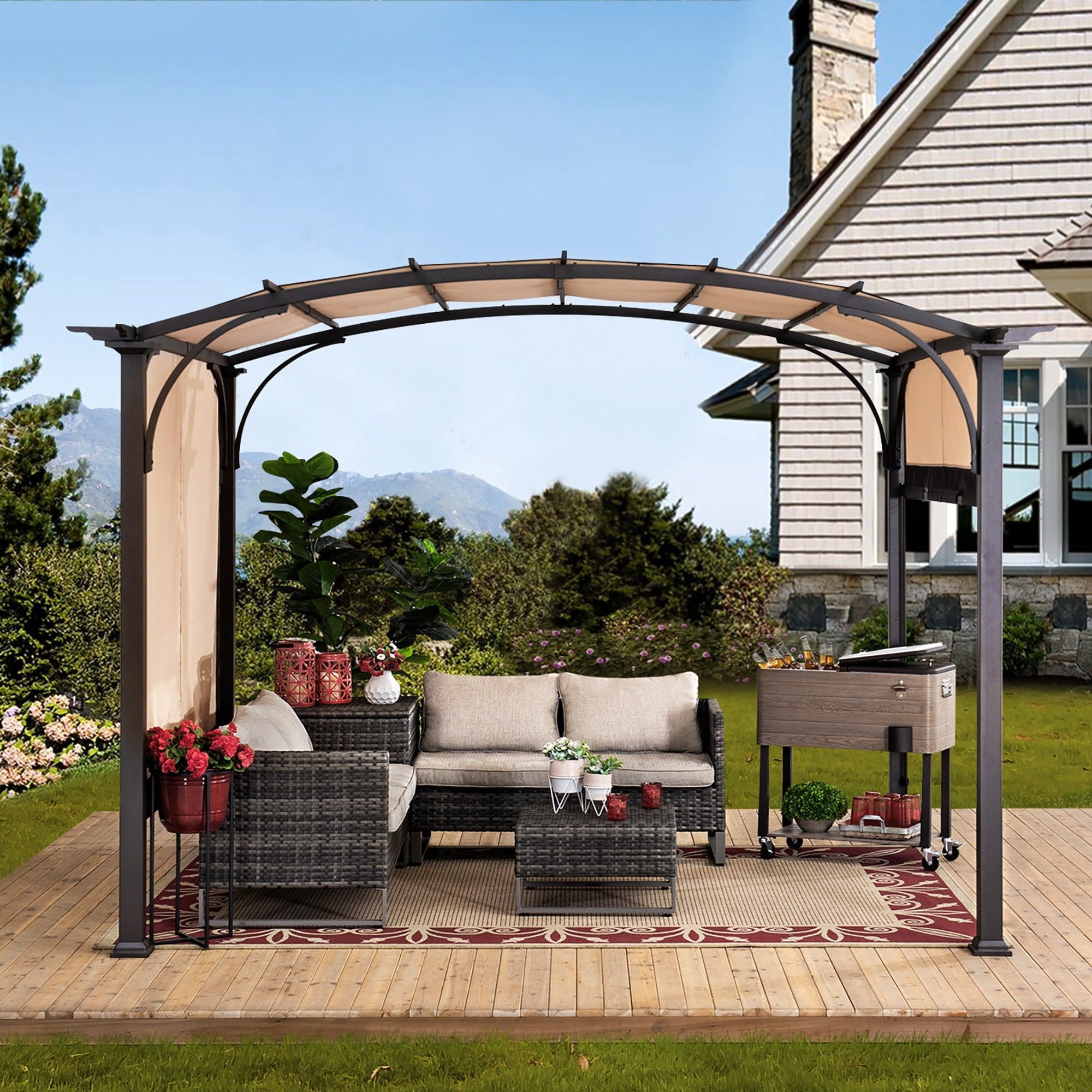 the arched pergola with adjustable shades on either side