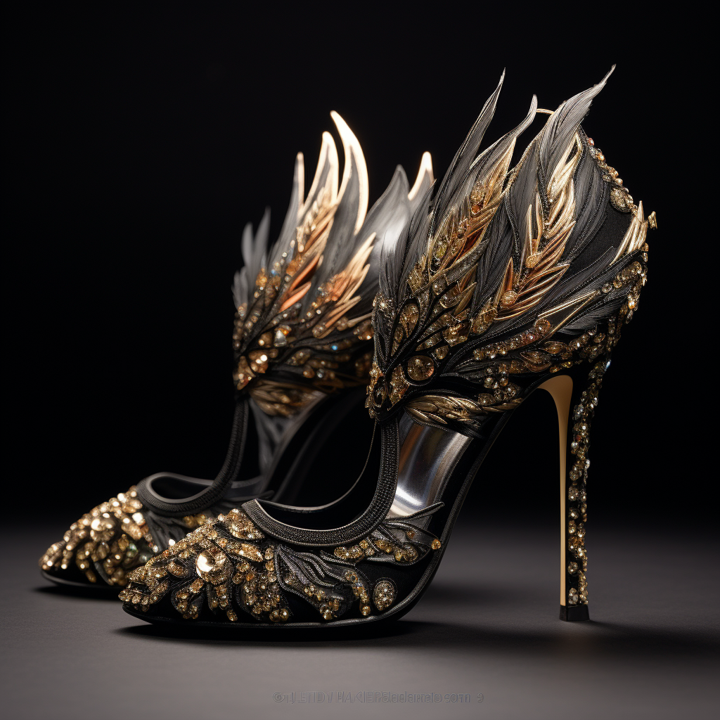 Black and gold feathered heels