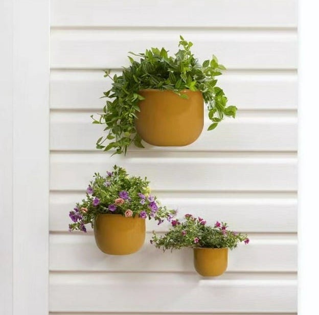 the three wall planters of different sizes hanging on an outside wall with flowers inside