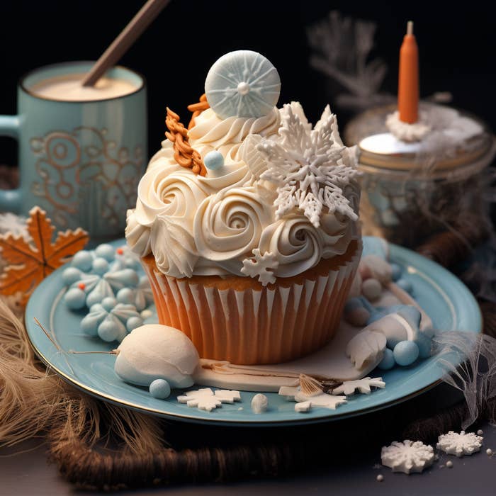 A cupcake with swirly icing and decorations featuring snowflakes