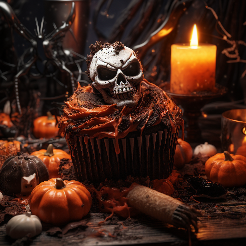 This cupcake is surrounded by pumpkins and is topped with a small skull
