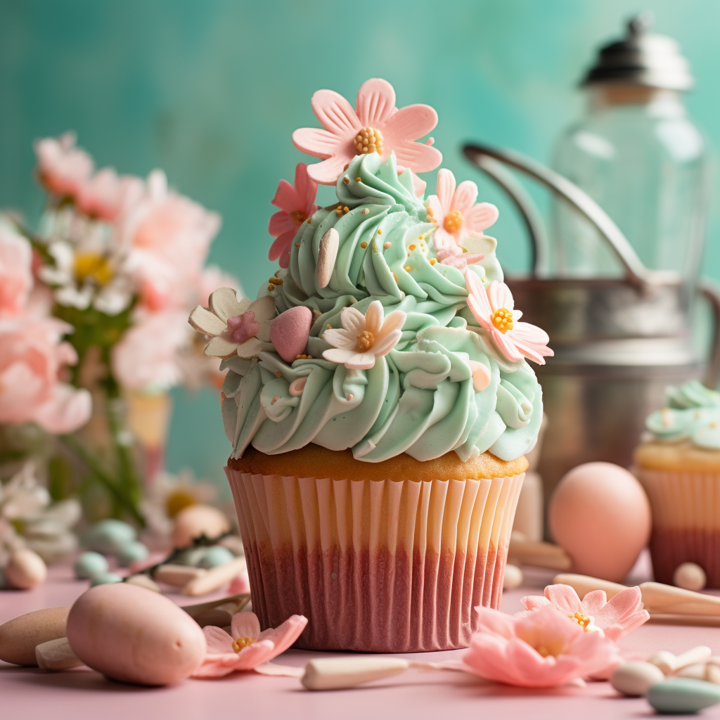 This cupcake features icing that is taller than the cupcake itself, with the icing decorated with several flowers