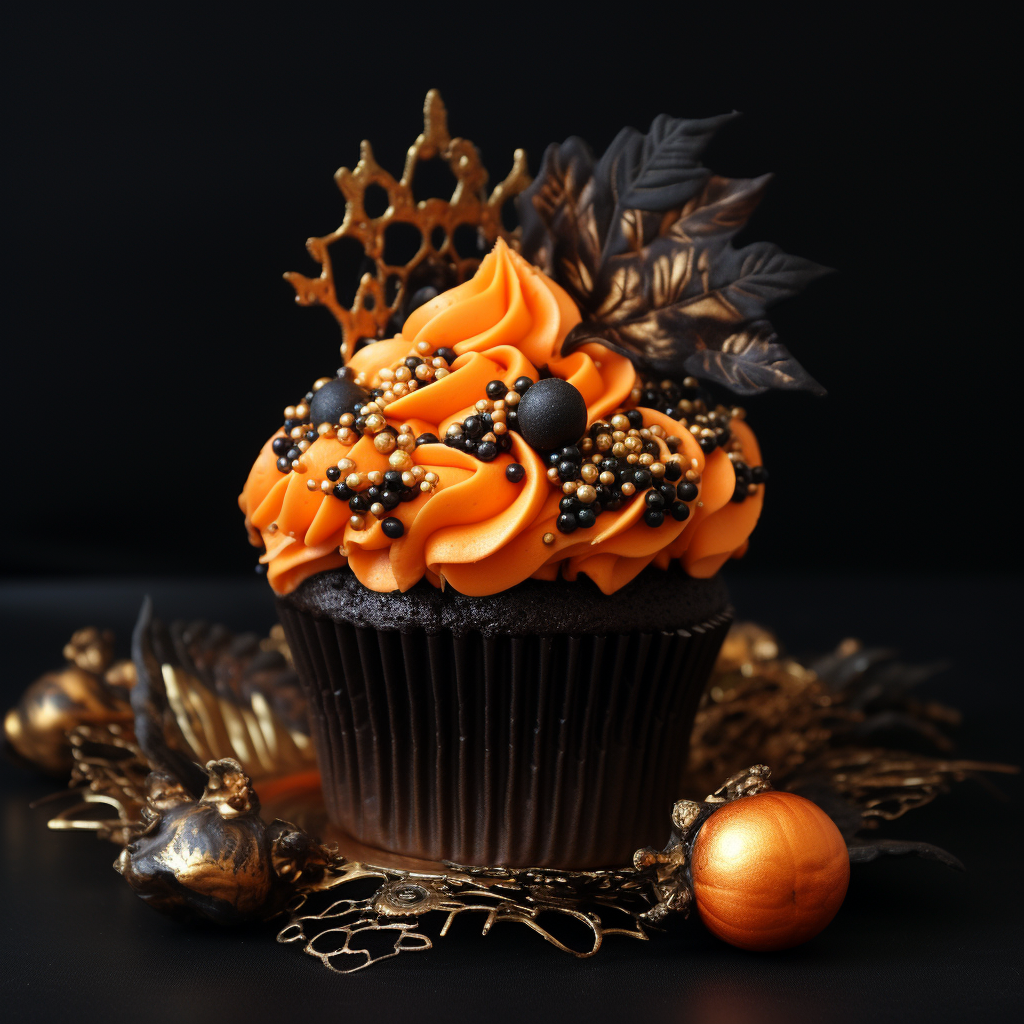 This cupcake features pumpkins and Halloween colors