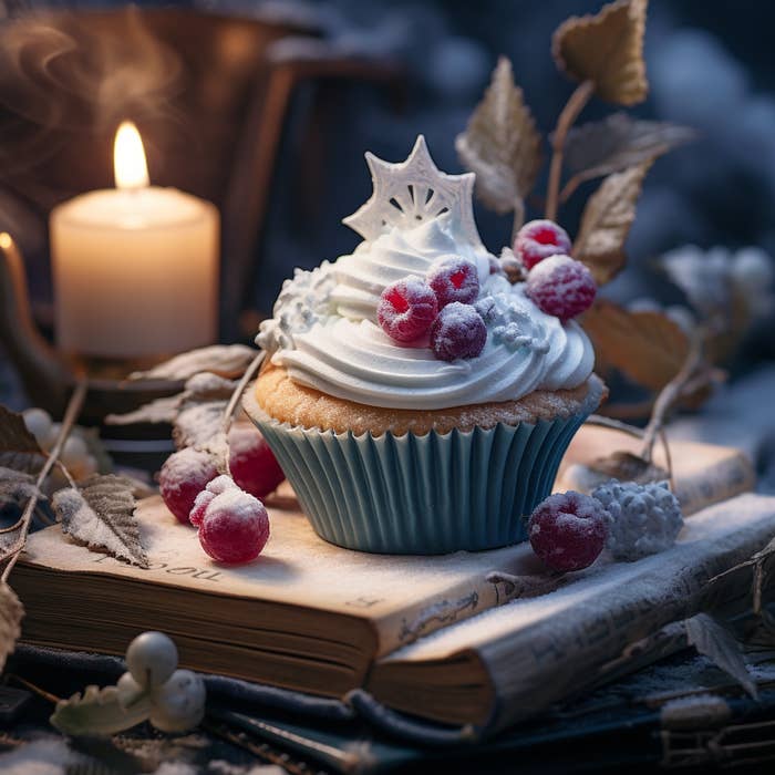 This cupcake also a snowflake, but it&#x27;s also decorated with berries and mint leaves